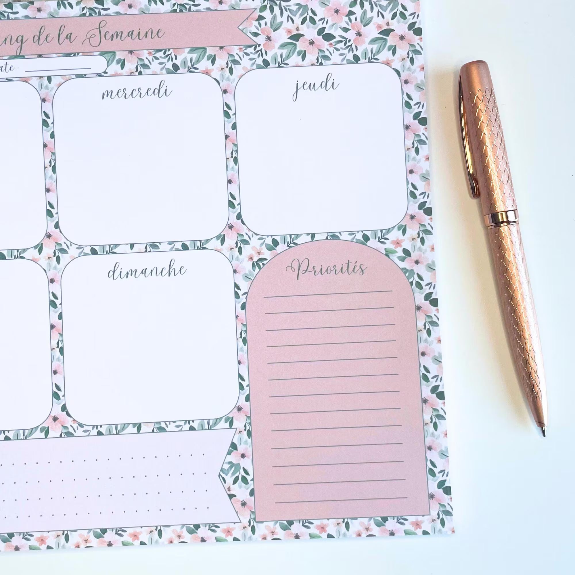 Weekly planner floral - planning de la semaine - semainier - organisation hebdomadaire - bloc-notes